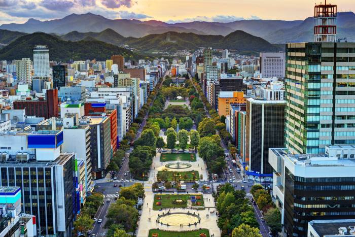 Aerial view of city with wide tree-lined central boulevard and mountains behind 