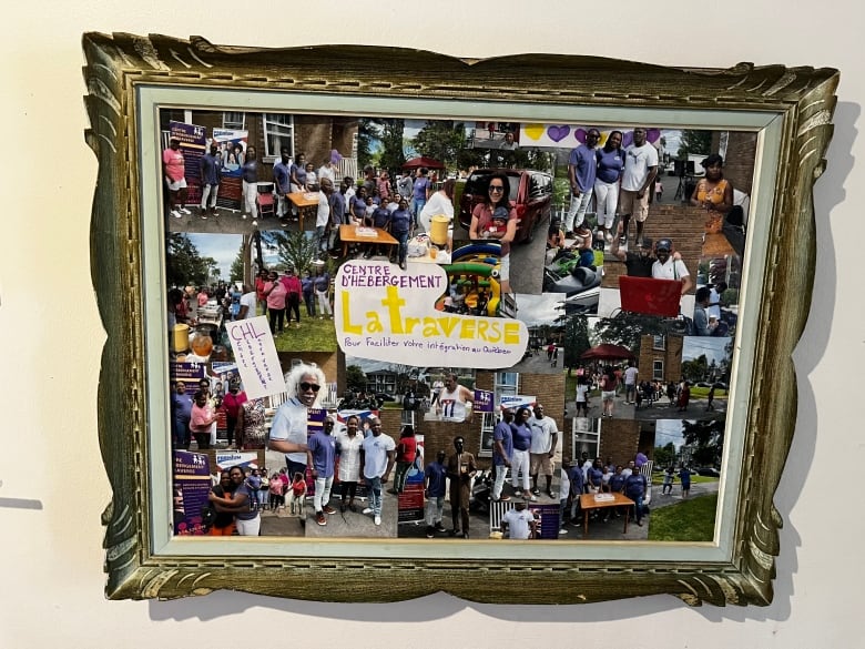 A framed collage of different people who have stayed at or helped the shelter La Traverse. 