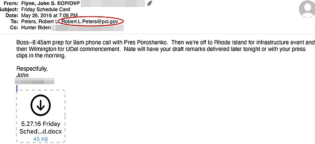 Staffers used Biden's other address Robert.L.Peters@pci.gov to send a message about meeting then-Ukrainian president Petro Poroshenko. Hunter was copied in on that email