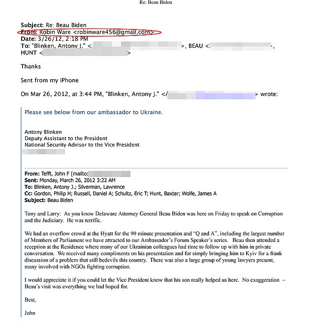 Anthony Blinken, then Biden's National Security Advisor also used the Robin Ware email to send a message to his boss about a talk Beau gave in Kyiv in 2012