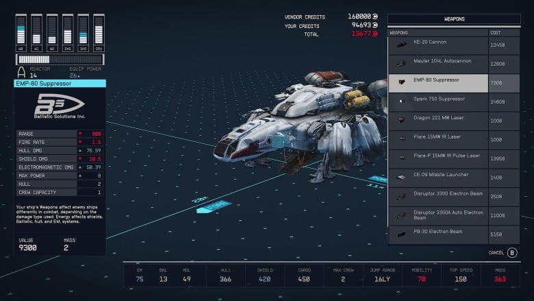 Screenshot of a video game showing a space ship and multiple schematics and statistics.