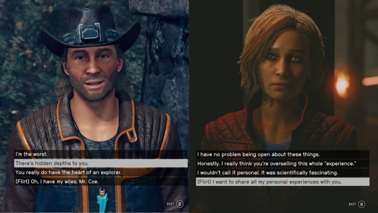 Composite of two screenshots showing human characters in a video game. One is a middle-aged man with a beard, leather jacket and cowboy boots. Another shows an adult woman with short blonde hair and a red jacket.