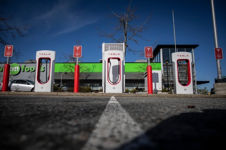 A Tesla electric vehicle charging station is pictured in Surrey, British Columbia on Monday April 11, 2021.