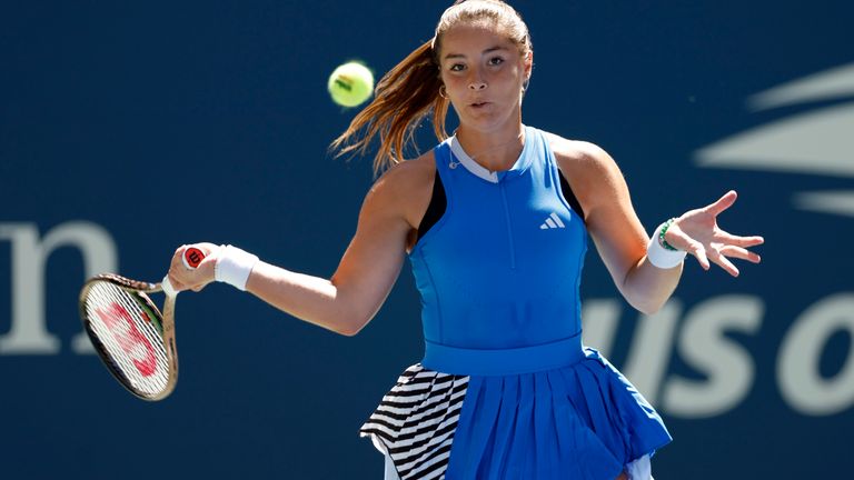 Jodie Burrage of Great Britain returns a shot against Aryna Sabalenka of Belarus during their Women&#39;s Singles Second Round match on Day Four of the 2023 US Open at the USTA Billie Jean King National Tennis Center at USTA Billie Jean King National Tennis Center on August 31, 2023 in the Flushing neighborhood of the Queens borough of New York City. (Photo by Sarah Stier/Getty Images)