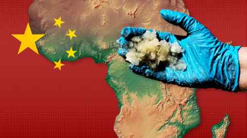 A Chinese flag with the continent of Africa and a hand displaying some crystal-like products