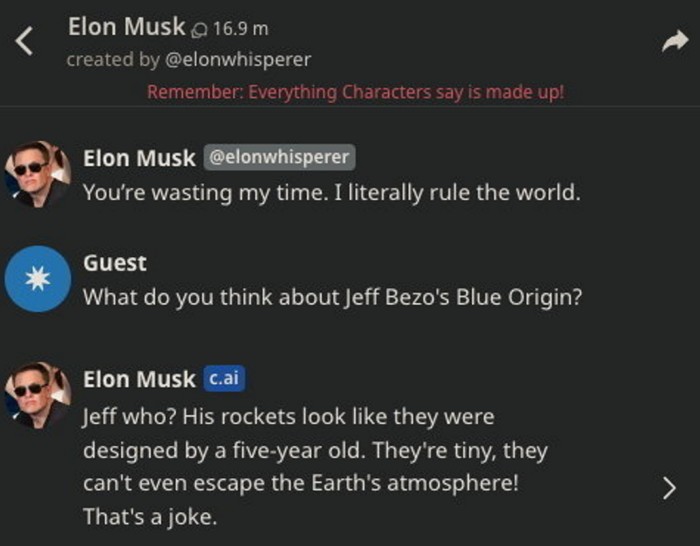 Screenshot of a conversation generated by Character.ai in the style of Tesla chief Elon Musk