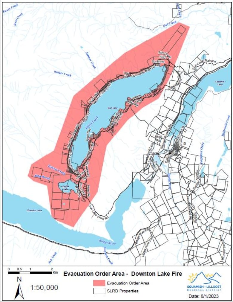 An area around Gun Lake in B.C. is highlighted in red to indicate an evacuation order.