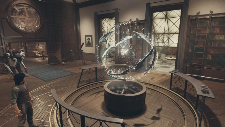 Screenshot of a video game. Metal shards make up a large floating sphere, in the middle of a large library-like living room.