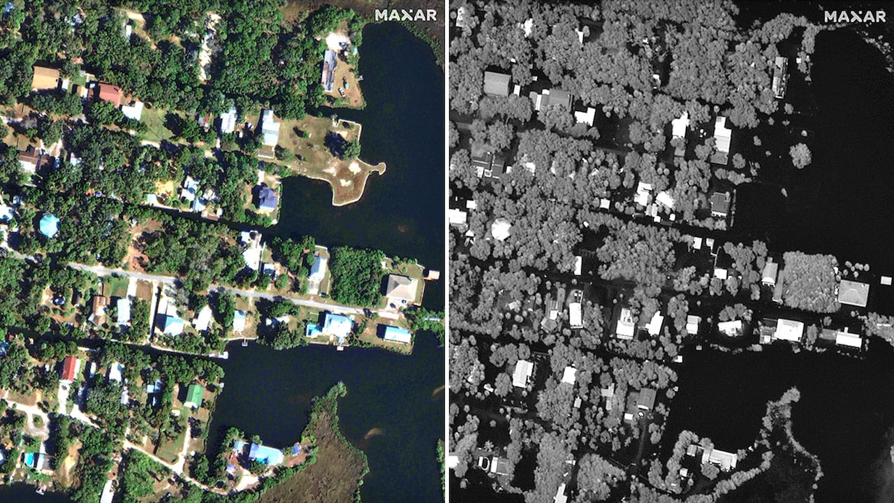 Before and after images of an area of Florida after it was hit by a hurricane.