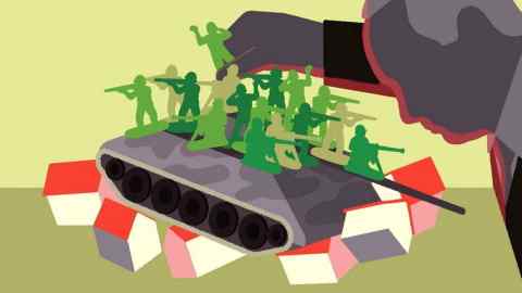 Maria Hergueta illustration of Vladimir Putin arranging toy soldiers on a tank