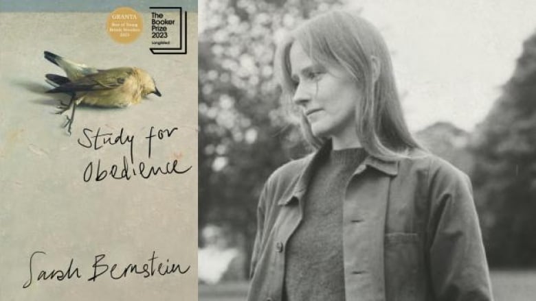 Study for Obedience by Sarah Bernstein. Illustrated book cover of a small dead bird on a table. Black and white photo of female writer's side profile.