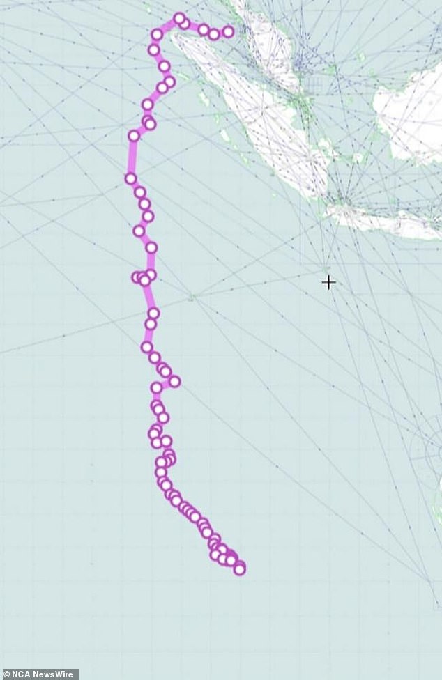 Estimated MH370 flight path, with the island of Sumatra in the top right. Picture: Supplied