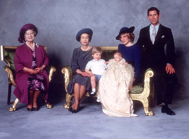 Unheard tapes of Princess Diana claiming that King Charles said at Prince Harry's christening he was 'disappointed' because he had 'wanted a girl' have been revealed for the first time. Above: Prince Harry at his christening in December 1984 with his brother Prince William, father King Charles - then the Prince of Wales -, grandmother Queen Elizabeth II and great-grandmother the Queen Mother