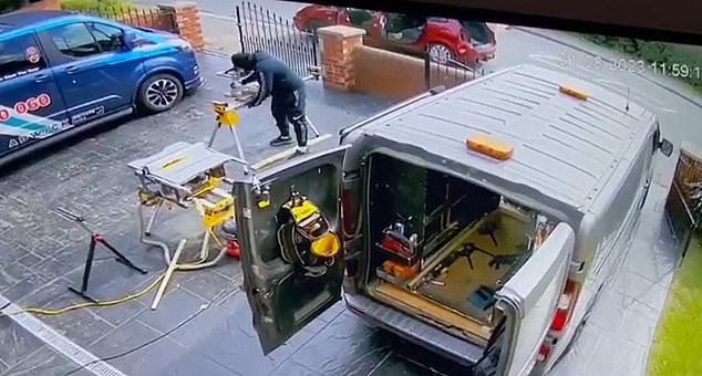 They are then seen rummaging through a van and trying to take equipment off the driveway.