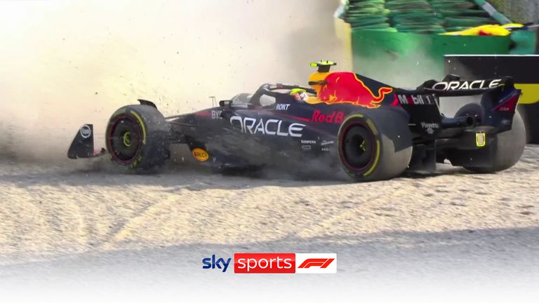 Red Bull's Sergio Perez spins out at the Parabolica corner bringing out the red flag during Practice 2 at the Italian Grand Prix