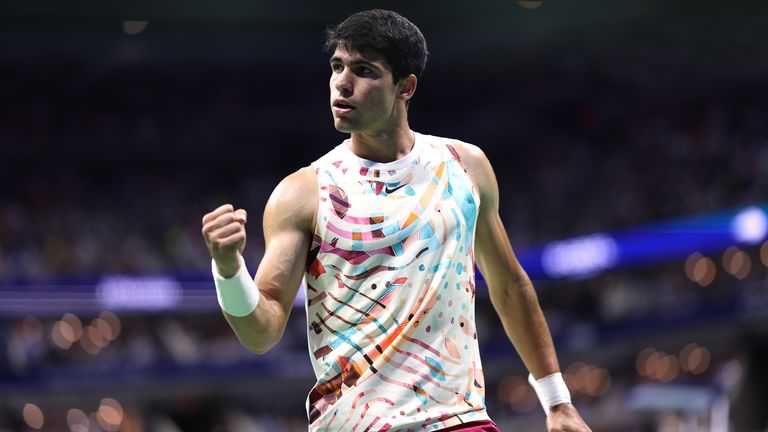 Carlos Alcaraz of Spain celebrates a point against Dominik Koepfer of Germany during their Men&#39;s Singles First Round match on Day Two of the 2023 US Open at the USTA Billie Jean King National Tennis Center on August 29, 2023 in the Flushing neighborhood of the Queens borough of New York City. (Photo by Clive Brunskill/Getty Images)