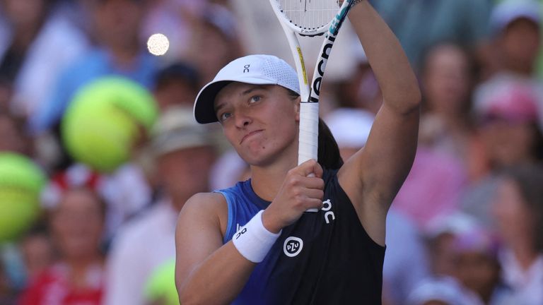 Poland&#39;s Iga Swiatek celebrates defeating Slovenia&#39;s Kaja Juvan in their US Open tennis tournament women&#39;s singles third round match at the USTA Billie Jean King National Tennis Center in New York on September 1, 2023. (Photo by Kena Betancur / AFP) (Photo by KENA BETANCUR/AFP via Getty Images)