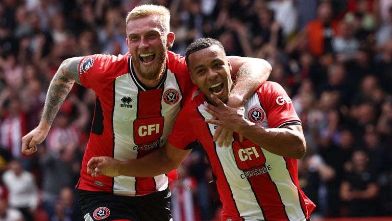 Cameron Archer celebrates his equaliser with team-mate Oli McBurnie