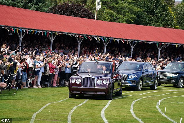 King Charles III, Queen Camilla, the Princess Royal and Vice Admiral Sir Tim Laurence arrive at the Braemar Gathering highland games held a short distance from the royals' summer retreat at the Balmoral estate in Aberdeenshire