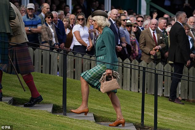 Queen Camilla arrives at the Braemar Gathering highland games held a short distance from the royals' summer retreat at the Balmoral estate