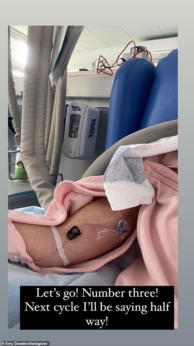 Fighter: Amy later took to her Stories to share an image of herself during chemotherapy, writing: 'Let's go! Number three! Next cycle I'll be saying half way!'