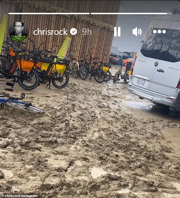 Rock posted video of a row of bikes parked up at the Burning Man site - all completely useless given the muddy conditions