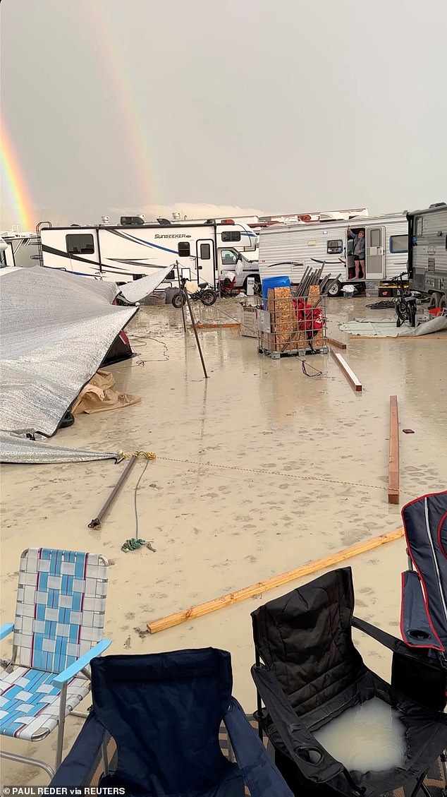 Following the rains, a double rainbow could be seen over the site