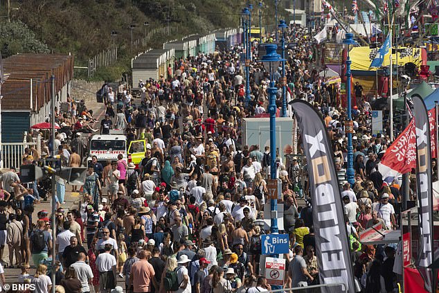 The sands were busy at Bournemouth as beach goers enjoyed scorching temperatures during the Bournemouth Air Festival