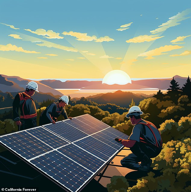 One image shows workers installing a solar energy panel. Wind and solar generation farms are part of the proposal for the dream city in Solano County