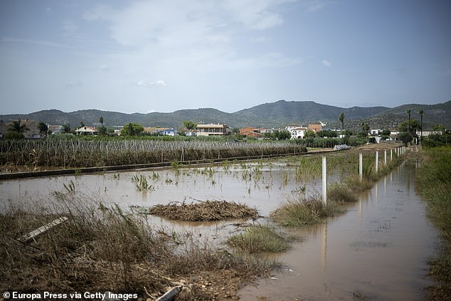 The street flooded by the rains, on September 3, 2023, in Les Cases d'Alcanar, Tarragona, Catalonia, Spain