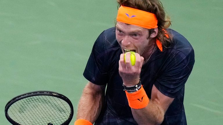 Andrey Rublev, of Russia, reacts during his match against Jack Draper, of Great Britain, during the fourth round of the U.S. Open tennis championships, Monday, Sept. 4, 2023, in New York. (AP Photo/Seth Wenig)