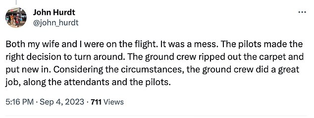 One passenger praised the crew and cleanup staff with how they dealt with the situation