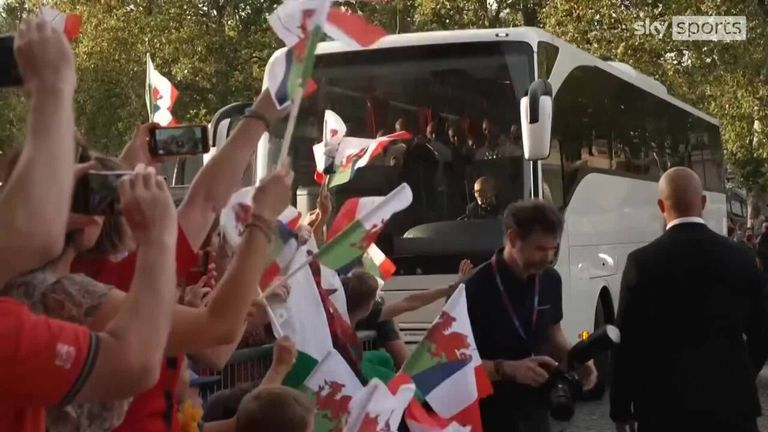 Wales are greeted by scores of fans as they arrive for their Rugby World Cup 2023 welcome ceremony in Versailles, France.