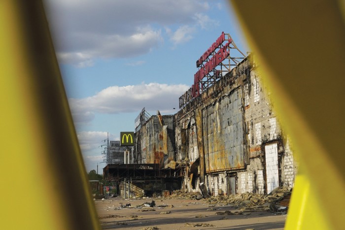 A view of a mall destroyed and left in ruins 