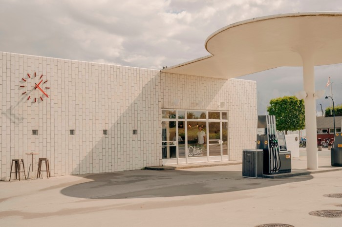 The white, curvy, ultra-modernist Uno-X petrol station, designed in the 1930s by Arne Jacobsen