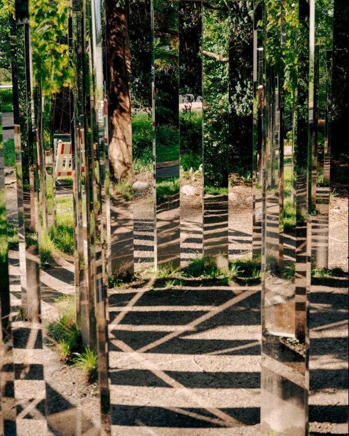 Detail from ‘Semicircular Mirror Labyrinth II’ – a semi-circle of mirrored pillars – in the grounds of Ordrupgaard museum 