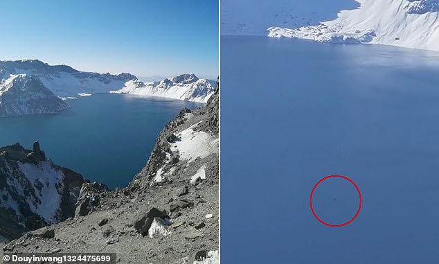 Eerie footage shows a black round object floating on the surface of Heaven Lake