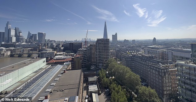 The north-facing view out from the viewing platform at the Tate Modern is seen today