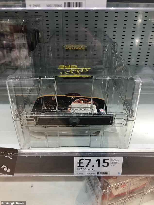 Cuts of beef worth just £3.75 have been spotted in locked boxes on Co-op shelves in an attempt to deter shoplifting during the cost of living crisis