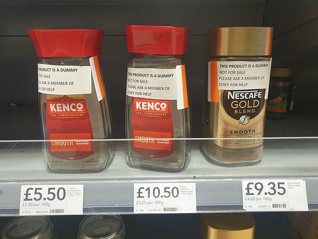 Staff at a Co-op franchise in Walthamstow, north London put 'display only' coffee jars on it shelves after a 200g jar of Kenco Smooth instant coffee rose 13 per cent in price