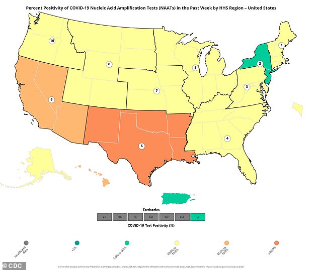 The above map shows the percent positivity of Covid tests by US region during the week ending Aug. 26