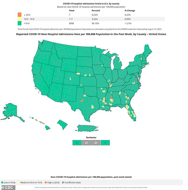 The above map shows the weekly hospital admissions rate due to Covid-19 by US county in the week ending Aug. 19