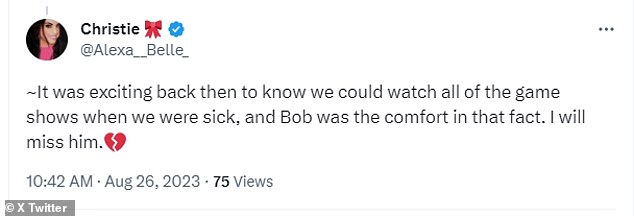 Tribute: Other posts remembering Barker came from fans and celebs alike, with one Twitter user writing, 'It was exciting back then to know we could watch all of the game shows when we were sick, and Bob was the comfort in that fact