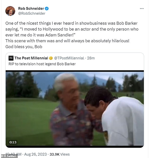 Classic: Rob Schneider remembered Bob's role alongside Adam Sandler in the 1996 film Happy Gilmore