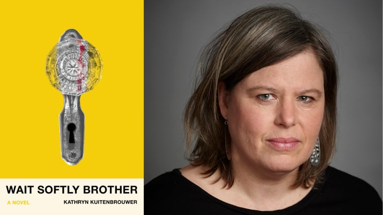 A yellow book cover featuring a glass doorknob. A photo of the book's author, a woman with shoulder-length gray hair.