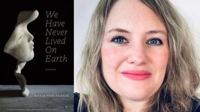 We Have Never Lived on Earth by Kasia Van Schaik. Illustrated book cover of a sculpted white face. Portrait of the author.