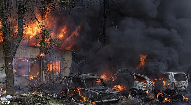 A burning market after a Russian shelling attack in the city centre of Kostiantynivka, Ukraine, Wednesday, Sept. 6, 2023. More than a dozen people were killed and dozens more were wounded Wednesday when Russian shelling struck a market in a city in eastern Ukraine, officials said