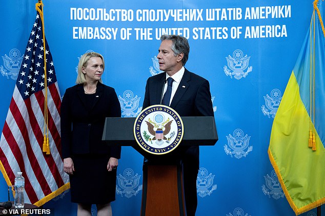 US Secretary of State Antony Blinken, flanked by US Ambassador to Ukraine Bridget Brink, speaks to staff and families at the US Embassy in Kyiv, Ukraine on September 6, 2023