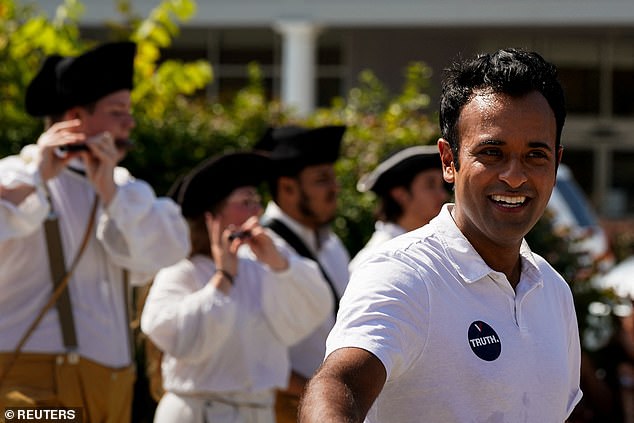 Biotech executive Vivek Ramaswamy is also campaigning around New Hampshire - above he's at the Labor Day Parade in Milford