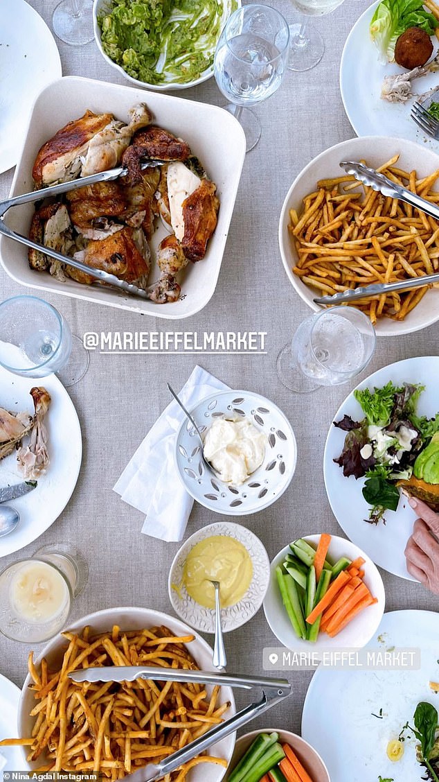 Actress Nina Agdal shared this view of Eiffel's cuisine at brunch with Brinkley's family in 2020